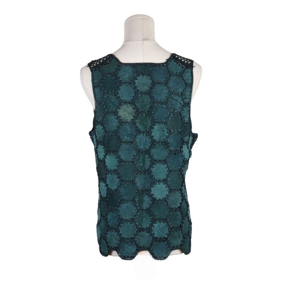 SOLD Rare Vintage LEATHET Green Suede Patchwork Vest Boho Scallop Crochet Size S - Picture 6 of 11